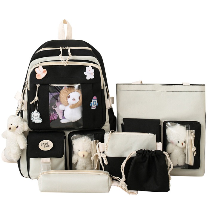 Ghiozdan Kawaii, practic, impermeabil, cu 5 accesorii, multicolor, 30x45cm