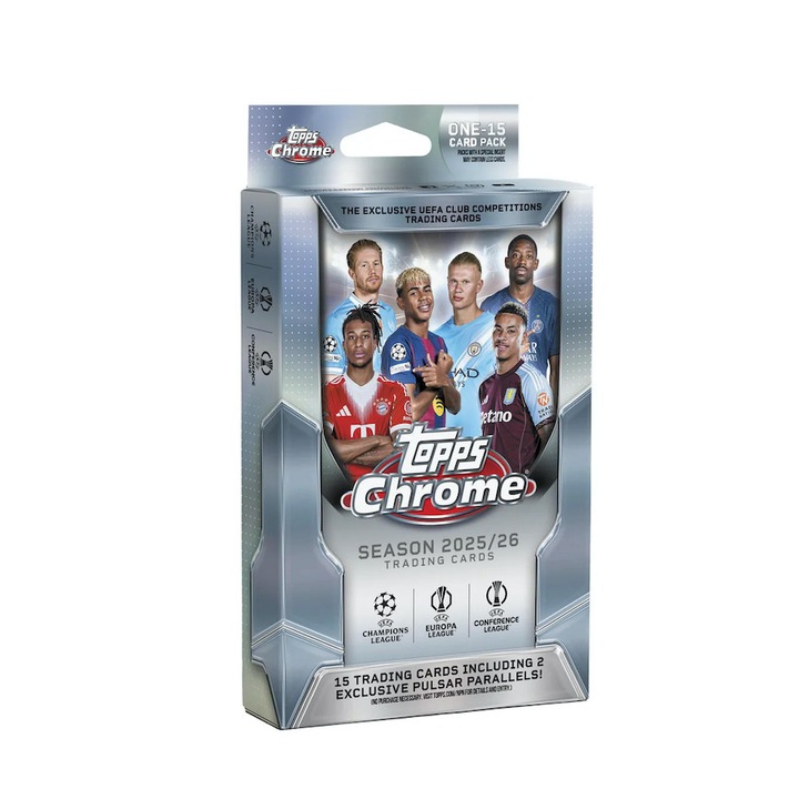 2025/26 Topps Chrome UEFA Club Competitions Soccer Hanger Box (15 Cărți de Fotbal, inclusiv 2 Cărți Pulsar Parallel)