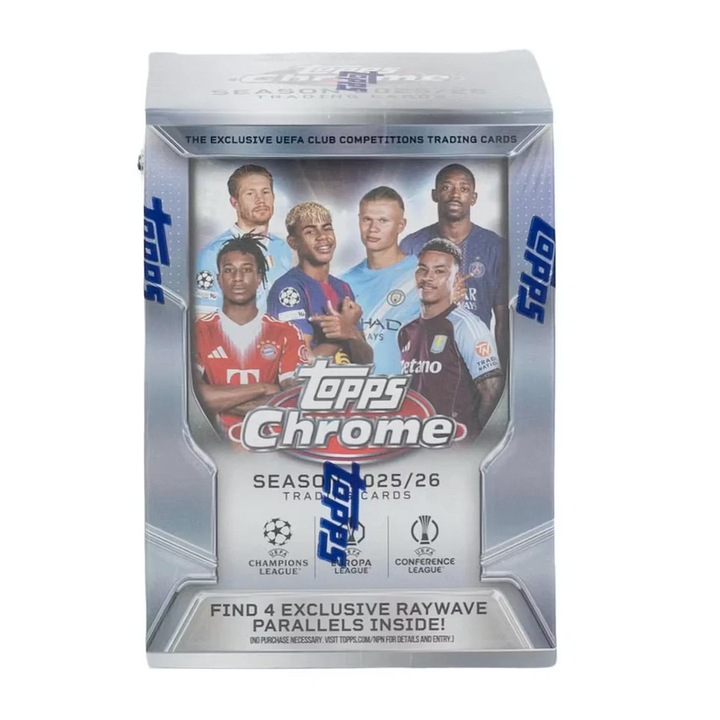 2025/26 Topps Chrome UEFA Club Competitions Soccer Blaster Box (28 Cărți de Fotbal, inclusiv 4 Raywave Parallel și 1 Carte Parallel Numerotată garantată)