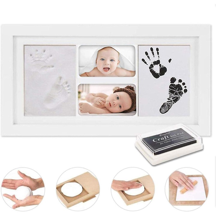 Kit amprente bebelus, tampon non-toxic, cadru decorativ, alb, universal
