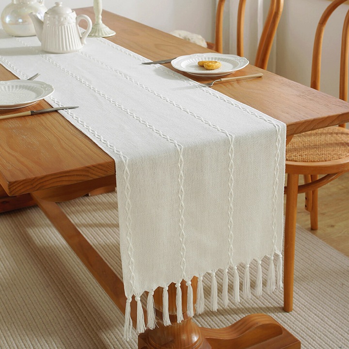 Boho chic asztali futó rusztikus pomponokkal, 34x228cm, cseppálló, mosható