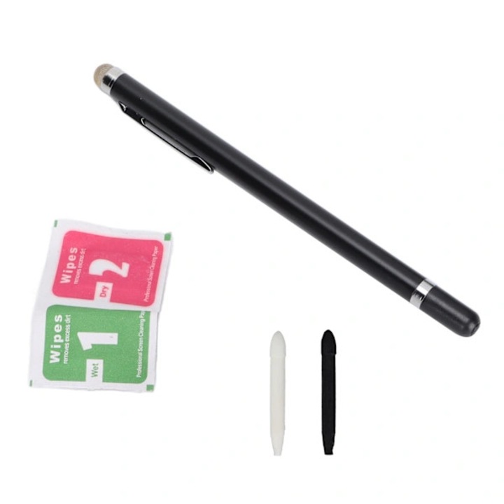 Stylus pen pentru telefon tableta, varf din fibra, set cu 2 varfuri de schimb si servetele de curatare, negru