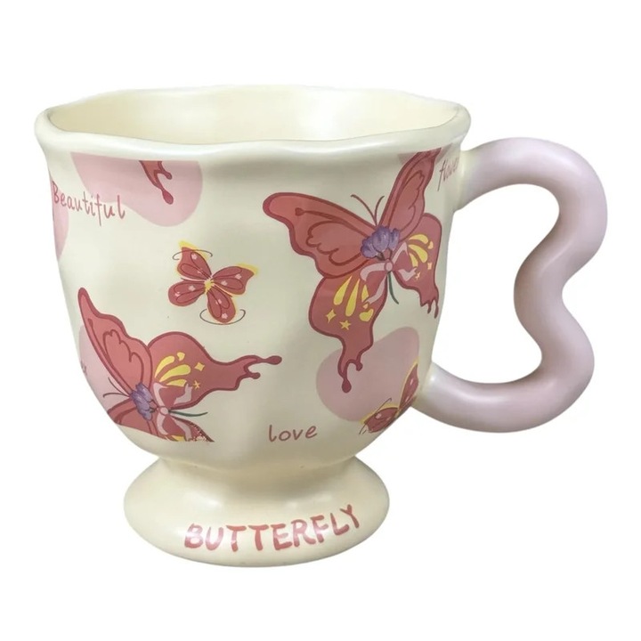 Cana din ceramica „Butterfly” crem cu fluturi roz si maner roz ondulat, 400 ml