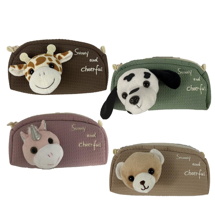 Penar scolar cu animal plus 3D, „Sunny and cheerful”, compartiment dublu cu fermoar, model texturat, diverse modele
