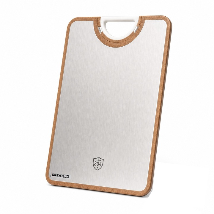 Tocator Dublu Bucatarie GREATON Inox/Fibra 360 Antibacterial, Doua Fete, Mini Razatoare, Maner Rotativ, 41.5x28.5 cm, Argintiu/Maro, Ideal pentru Legume, Carne, Branzeturi, Fructe