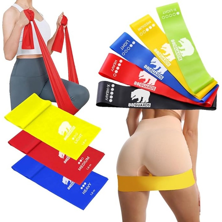 8 darab színes gumiszalag szett edzéshez, 5 db 30 cm-es és 3 db 180 cm-es szalag, különböző ellenállási szintek, hordozható, edzőtermi edzéshez, fitneszhez, pilateshez, rehabilitációs gimnasztikához, 2 tárolózsákot tartalmaz, Többszínű