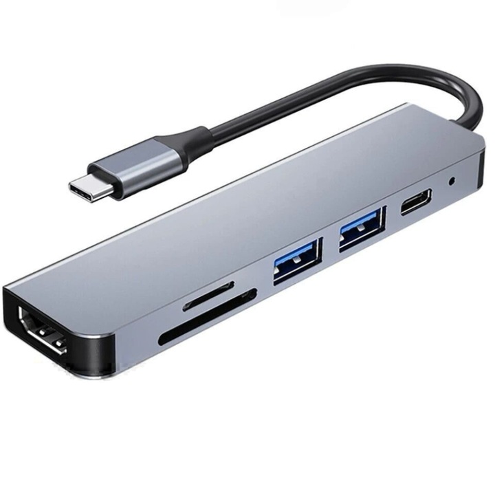 Мултипортов USB-C хъб, четец на SD/TF карти, HDMI 4K, 2x USB 3.0, бързо зареждане 87W, компактен преносим