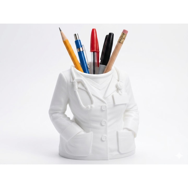 Suport doamna doctor, culoare alb, suport si organizator decorativ haios pentru creioane, pixuri si accesorii birou, cadou inedit si amuzant model doamna doctor