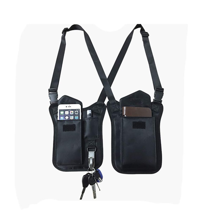 Fekete, állítható, többrekeszes nylon crossbody lopásgátló táska kulcstartóval
