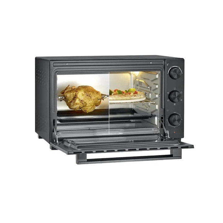 Cuptor electric cu convectie Severin, pizza/grill/rotisor/coacere, capacitate 46 litri, 4 moduri de operare, elemente de incalzire otel inoxidabil, semnal sonor finalizare program, indicator LED, oprire automata, carcasa termorezistenta, negru