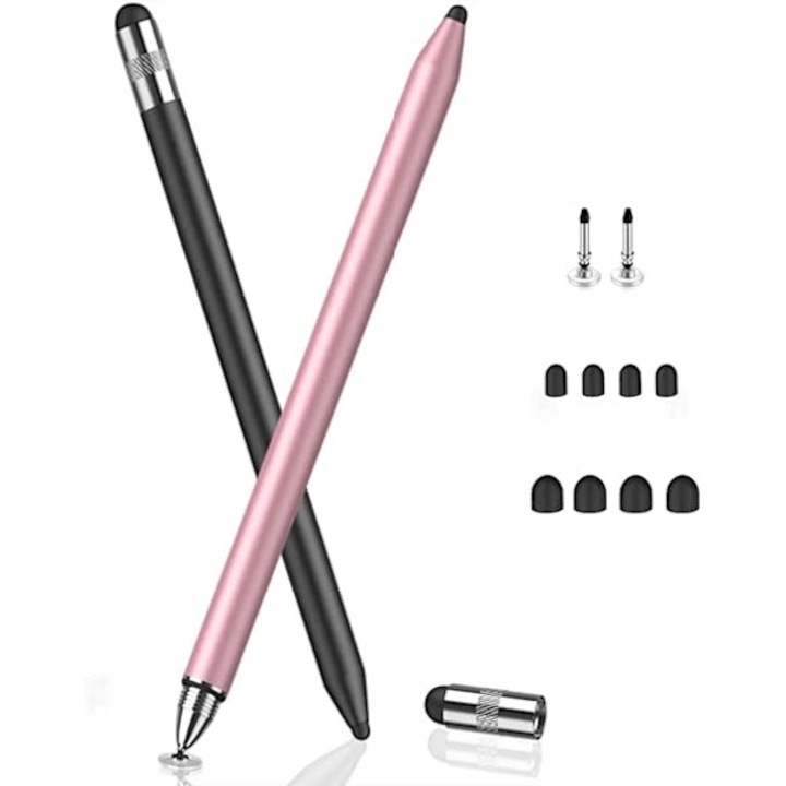 Stylus 3 in 1, negru-aur roz, varf disc transparent, 2 varfuri cauciuc, 180 unghi flexibil
