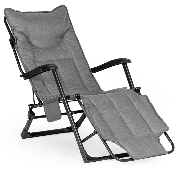 Sezlong gradina pliabil 2 in 1 cu suport telefon si buzunar lateral, 180x63x90 cm, gri