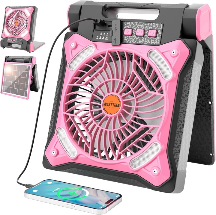 Ventilator portabil de camping, reincarcabil, cu lumina LED si panou solar, cu USB, negru/roz