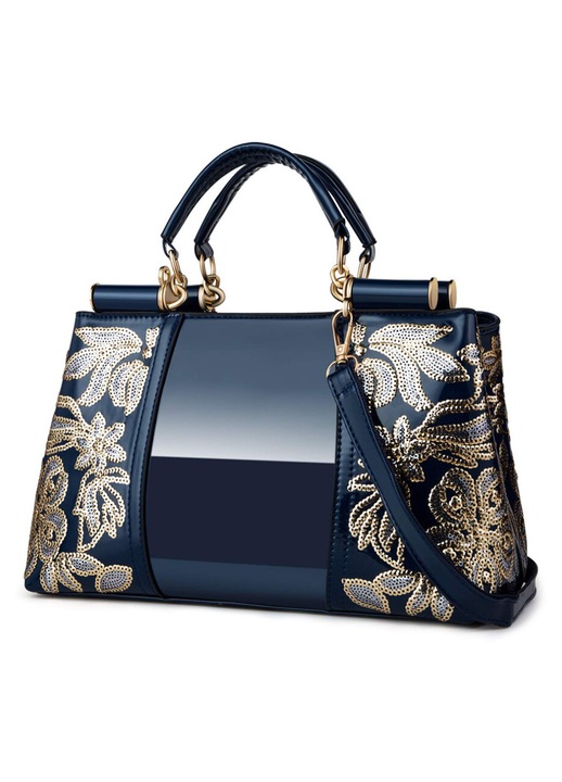 Geanta dama banduliera piele lacuita, broderie paiete, interior functional, negru compact