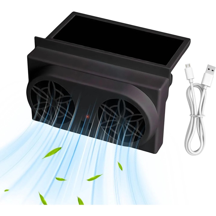 Ventilator pentru geam auto, incarcare solara portabila, design usor de instalat, rezistent, reduce caldura, promoveaza fluxul de aer, ventilator de evacuare cu economie de energie, negru