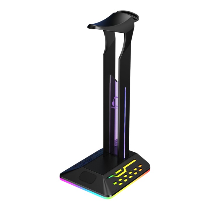 RGB fejhallgató tartó USB-C-vel és csúszásmentes talppal, kompakt, fekete