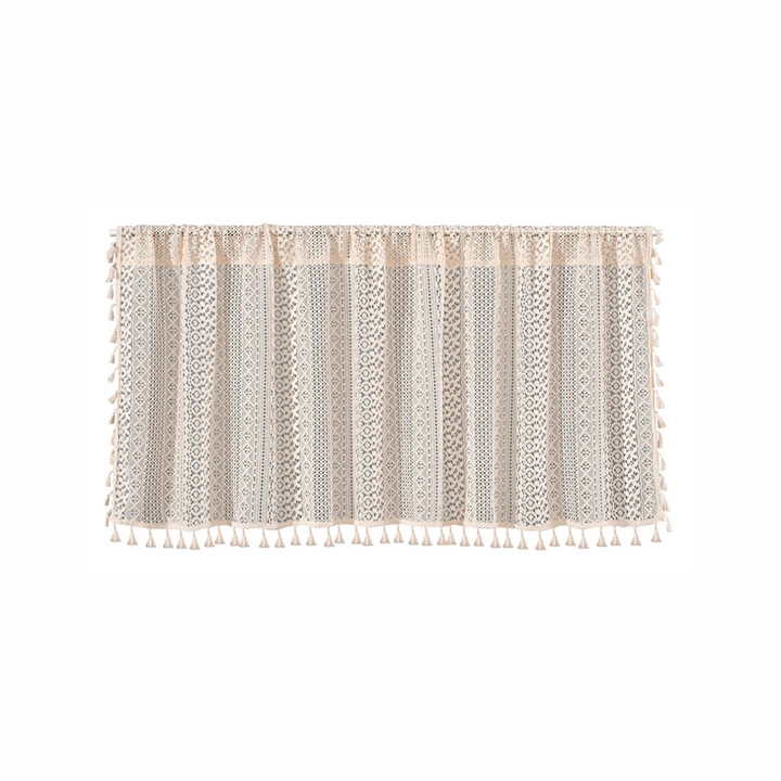 Boho függönyök, kézzel horgolt csipke, fehér bisztró voál, 45x120cm