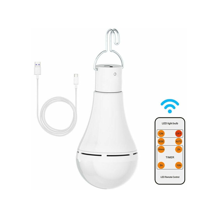 Bec LED de rezerva cu telecomanda, baterie 1200mAh, senzor crepuscular, alb, mic
