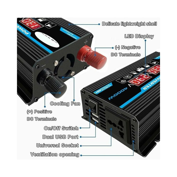 Tiszta szinuszos inverter autóba, két aljzat, magas hatásfok, 12V-220V, LCD kijelző
