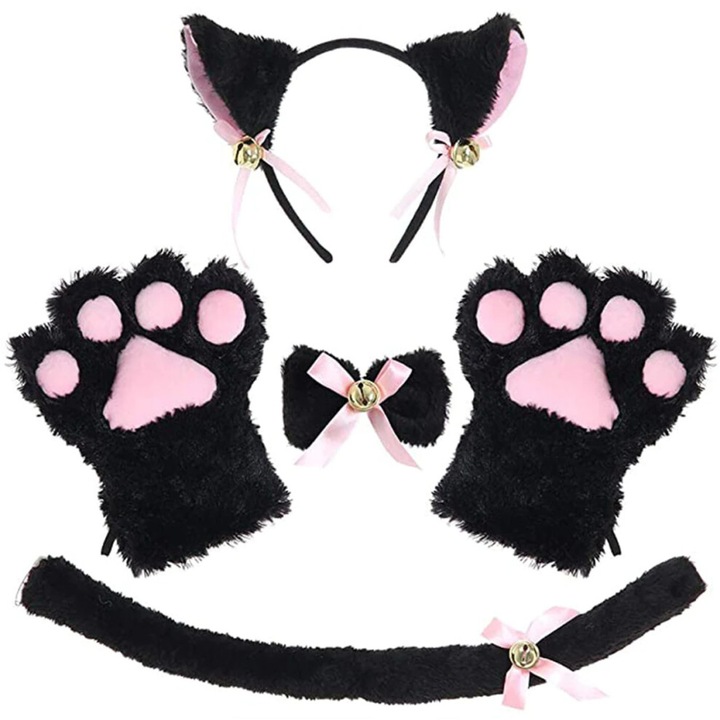 Set cosplay parti de pisica, manusi cu gheare, urechi cu clopotei, fundita, marime unica