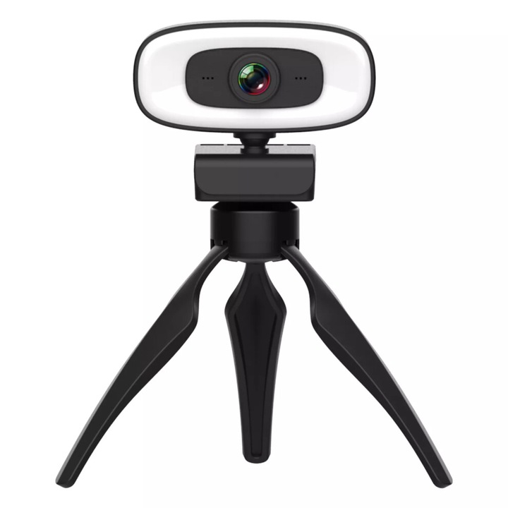 Webcam multifunctional, 4K, iluminare inelara, rotatie 360, negru