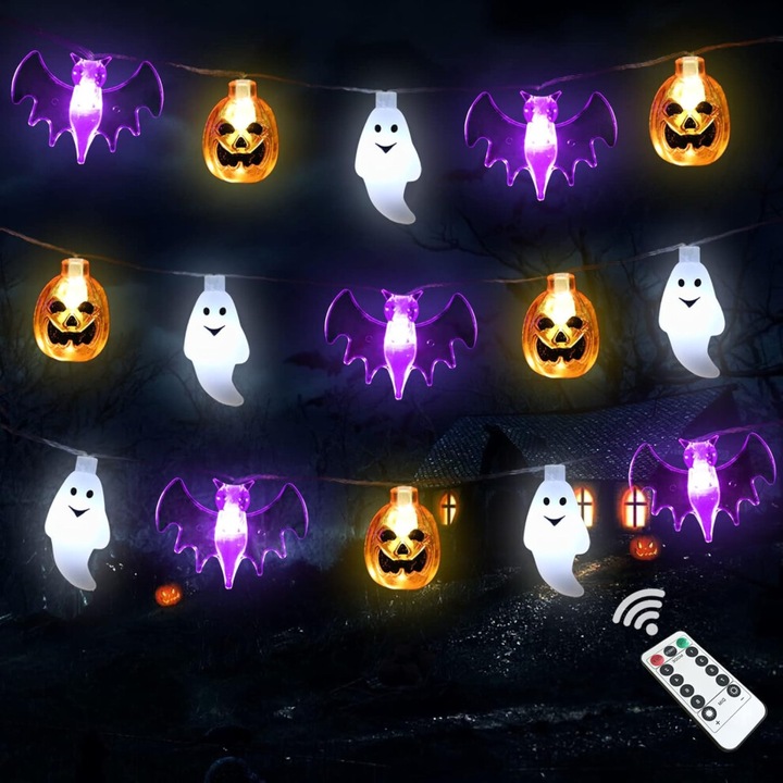 Halloween világító füzér 3D tök, újrafelhasználható, elemes, IP44, 3m