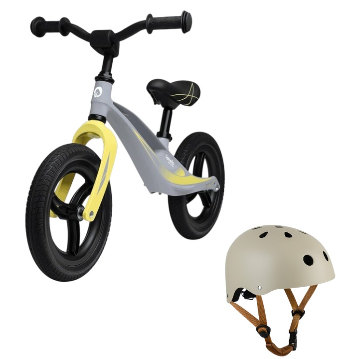Bicicleta fara pedale, Lionelo, Bart Tour, Usoara, Cu cadru din magneziu, 3.3 Kg, 12 inch, Gri + Casca pentru copii, Reglabila 50-56 cm, Bej