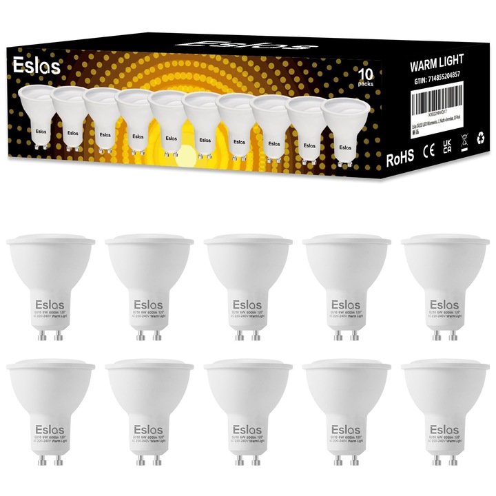 Комплект 10 LED крушки GU10 Ealas, 6W, 600 lm, Топла светлина 3000K, Ъгъл 120°, Енергиен клас F, цвят Бял