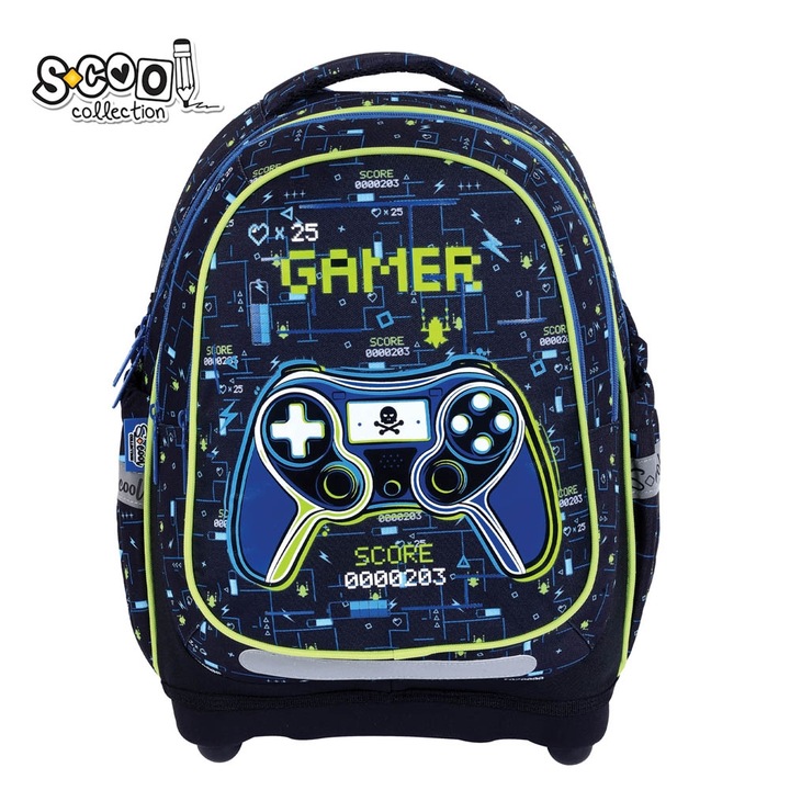Scool Collection iskolai gurulós hátizsák, GAMER modell 3D kontrollerrel, ergonomikus, dupla rekeszes, fekete/neon zöld