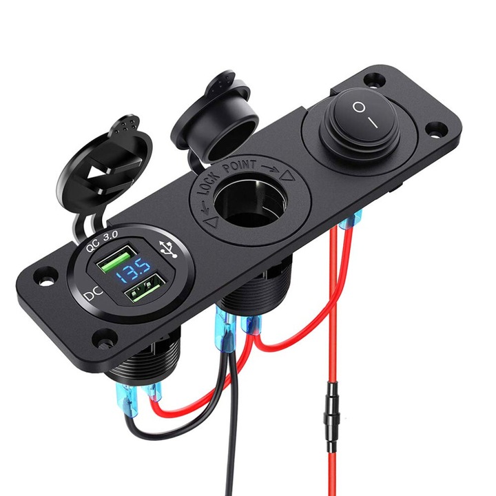 Priza USB QC3.0, voltmetru LED, 150W, aluminiu, compacta, negru