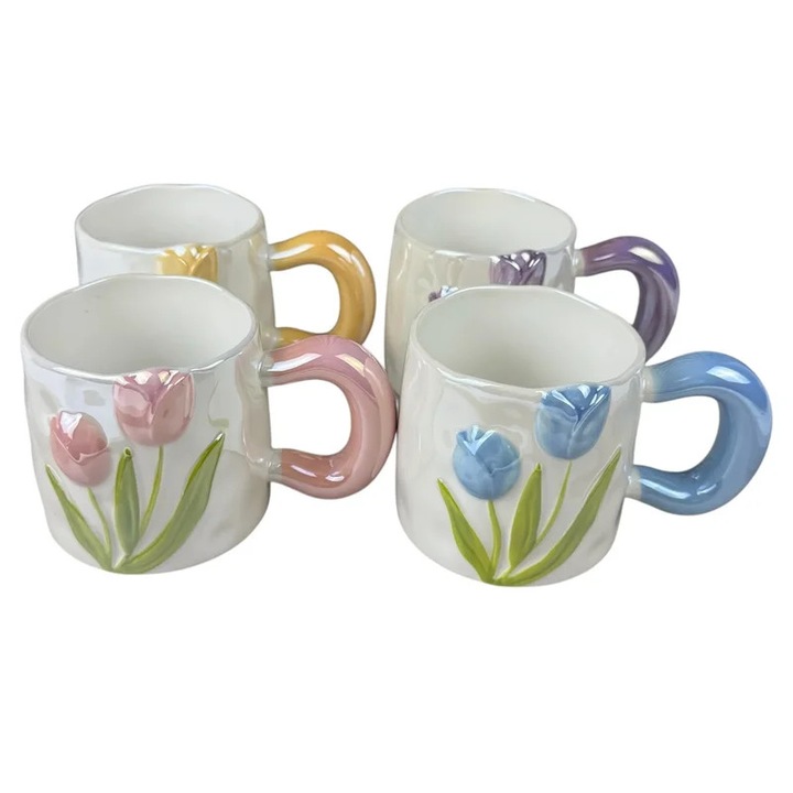 Cani din Ceramica „Lalele 3D” cu Maner Colorat, 480 ml - Galben