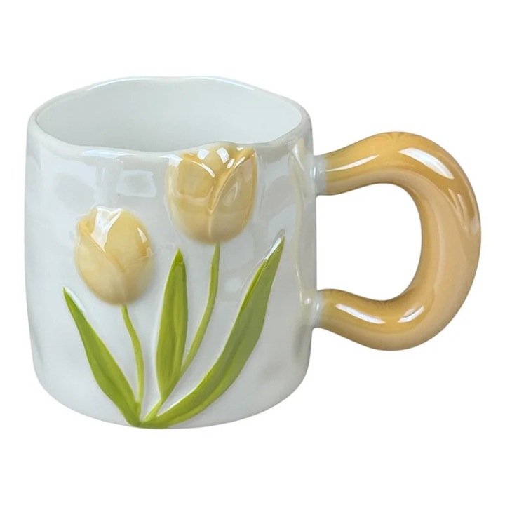 Cana din Ceramica „Lalele 3D” Alba cu Lalele Galbene si Maner Galben, 480 ml