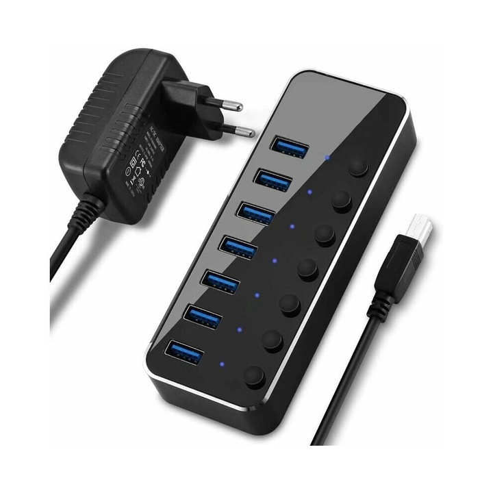 USB хъб 7 порта алуминий индивидуални превключватели черен с адаптер