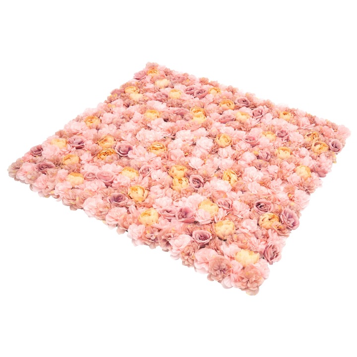 Panouri de perete cu flori artificiale, Set 6 panouri, 60×40 cm fiecare, 56–59 capete de flori/panou, Matase si plastic, Fundal nunta interior, Roz