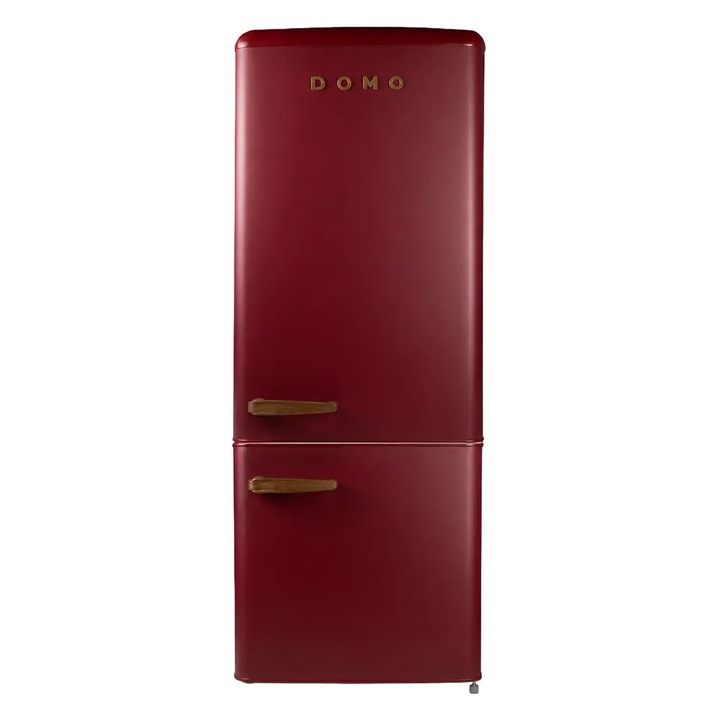 Combina frigorifica DOMO, capacitate totala 191 litri, H145.5 cm, capacitate frigider 147 litri, capacitate congelator 44 litri, congelare 4 stele, 3 rafturi ajustabile din sticla, 3 compartimente pe usa, compartiment fructe/legume, burgundy