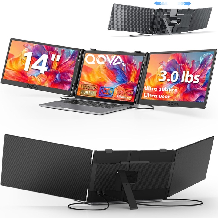 Троен преносим монитор Qova, 14" FHD 1080P IPS, 300 нита, Plug & Play, черен, за лаптоп 13"-17"