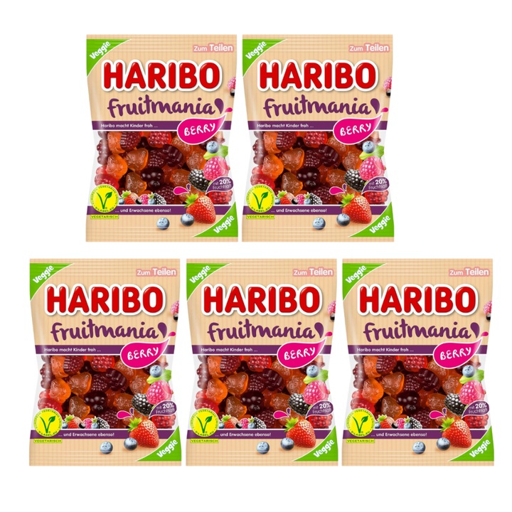 Bomboane jeleu, Haribo, Fruitmania Berry, set 5 bucati, 175 g, arome fructe de padure