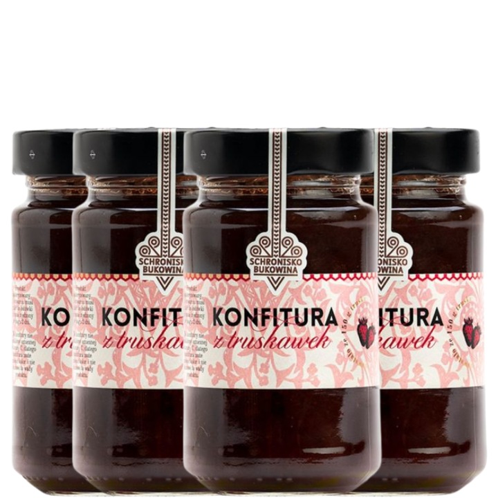 Set dulceata de capsuni, Shelter Bukowina Natural, 4 bucati x 250 g, 83% fructe, fara conservanti