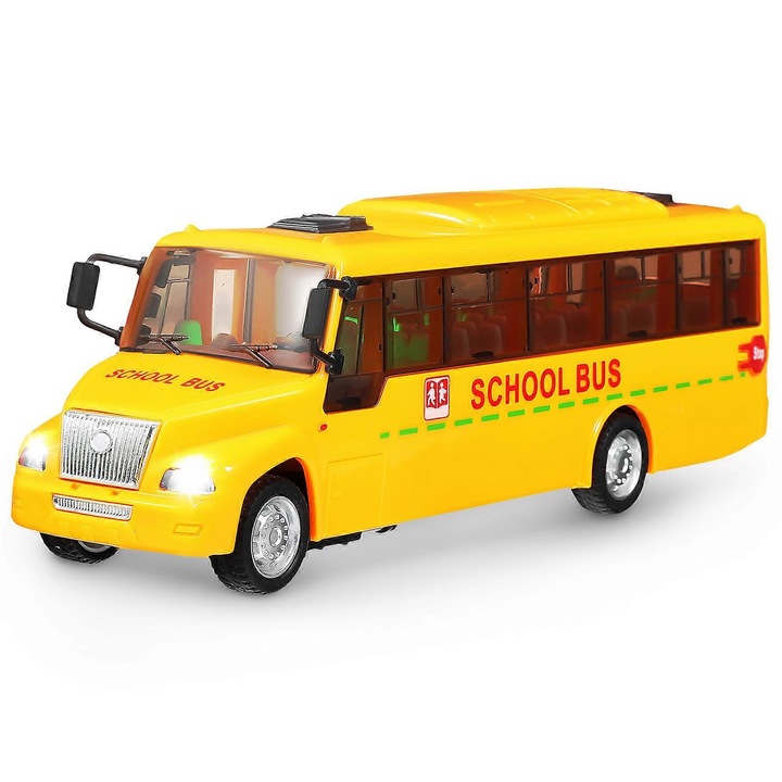 Jucarie autobuz scolar, plastic, sunet si lumina, 19x6x4.8cm