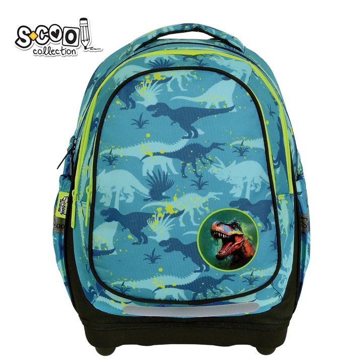 Scolar troller hátizsák Scool Collection, Dinoszauruszok modell T-Rex emblémával, ergonomikus, dupla rekeszes, türkiz zöld/fekete