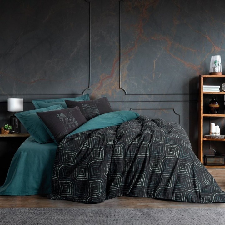 Lenjerie pat dublu cu model geometric, bumbac 100% ranforce, cearsaf de pat 240x260 cm, 4 piese, Cotton Box, Noche Petrol