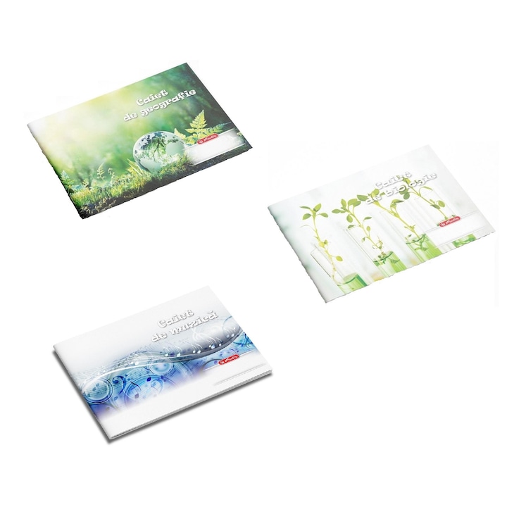 Set 3 caiete biologie, geografie, muzica, Herlitz, 17x24 cm, 24 file, hartie 70g/mp