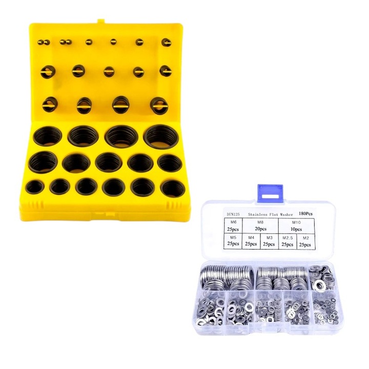 Set 180 saibe plate, otel inoxidabil, standard DIN125, gama M2-M10. 8 variante - M2/M2.5/M3/M4/M5/M6/M8/M10 -, rezistenta la coroziune cu Trusa cutie inele cauciuc, tip o-ring, 30 variante, 386 tipodimensiuni, diametru 03-44 mm, uz casnic/profesional