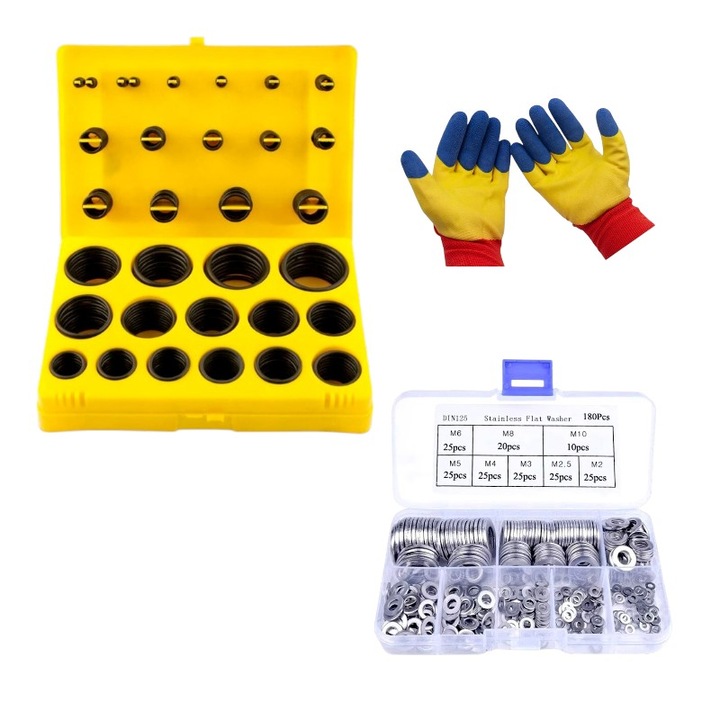 Set 180 saibe plate, otel inoxidabil, standard DIN125, gama M2-M10. 8 variante - M2/M2.5/M3/M4/M5/M6/M8/M10 -, cu Trusa cutie inele cauciuc, tip o-ring, 30 variante, 386 tipodimensiuni, diametru 03-44 mm, uz casnic/profesional si Set manusi protectie
