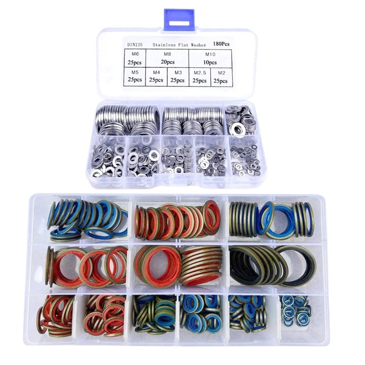 Set 180 saibe plate, otel inoxidabil, standard DIN125, gama M2-M10. 8 variante - M2/M2.5/M3/M4/M5/M6/M8/M10 -, rezistenta la coroziune cu Set saibe metal, cauciuc, diametru 06-30 mm, multicolore, 245 bucati, etansare sigura, uz casnic/profesional