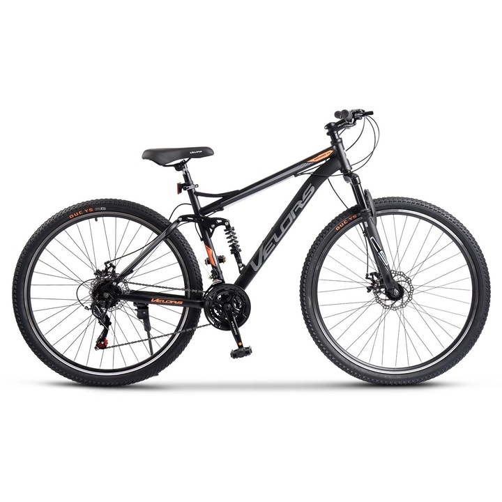 Bicicleta MTB de munte Velors Matador JSX2960, Shimano, suspensie fata/spate Genius, roata 29 inch, frane pe disc, 21 viteze, negru cu portocaliu