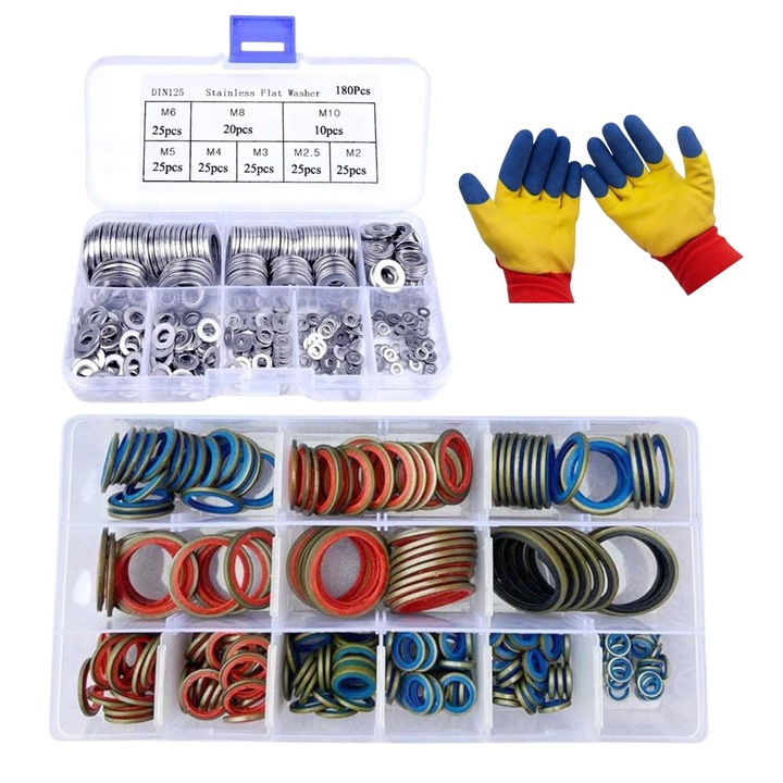 Set 180 saibe plate, otel inoxidabil, standard DIN125, gama M2-M10. 8 variante - M2/M2.5/M3/M4/M5/M6/M8/M10 -, cu Set saibe metal, cauciuc, diametru 06-30 mm, multicolore, 245 bucati, etansare sigura, uz casnic/profesional si Set manusi protectie, latex