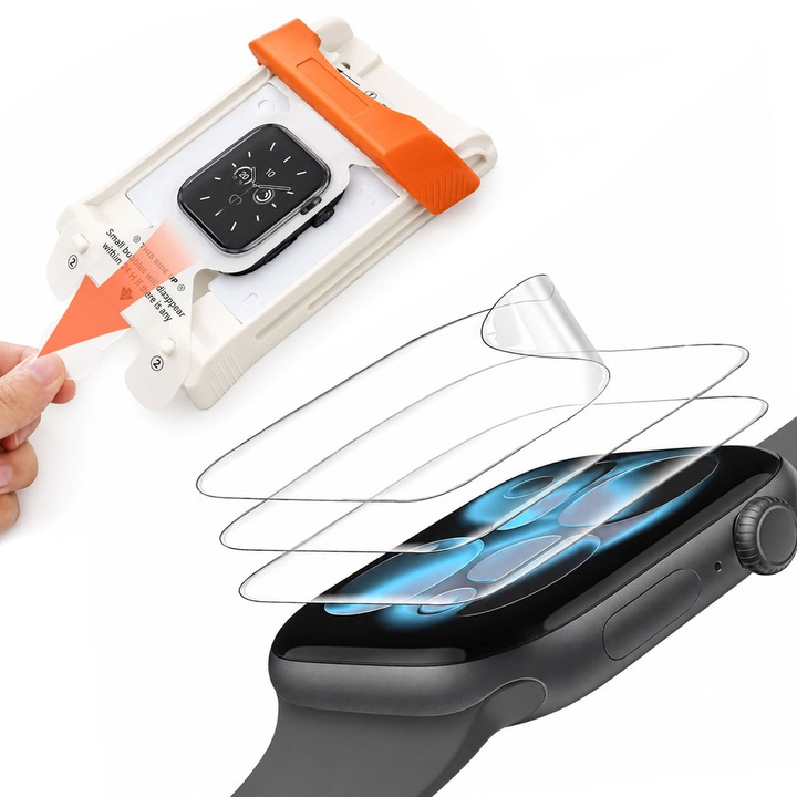 Set 3 MUGIM védőfólia Apple Watch 42mm, Series 10/11, TPU rugalmas önregeneráló, teljes lefedettség, karcálló, buborékmentes, HD tiszta, érzékeny érintés, automata igazító dobozzal