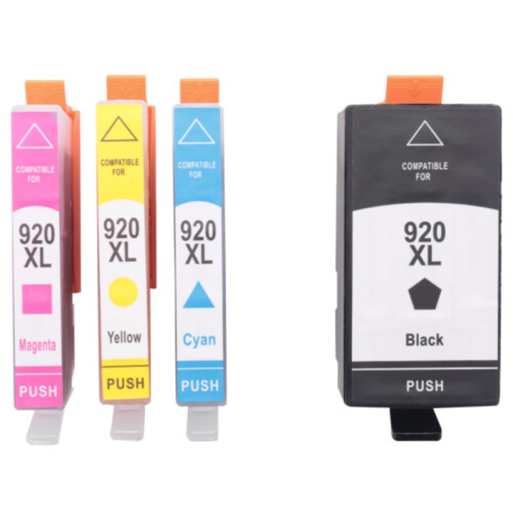 Set 4 bucati, Cartuse compatibile HP920XL pentru OfficeJet 6000/6500/7000/7500, capacitate mare, fara scurgeri, cip compatibil actualizat, Multicolor, Negru 55ml/Cyan 15ml/Magenta 15ml/Galben 15ml