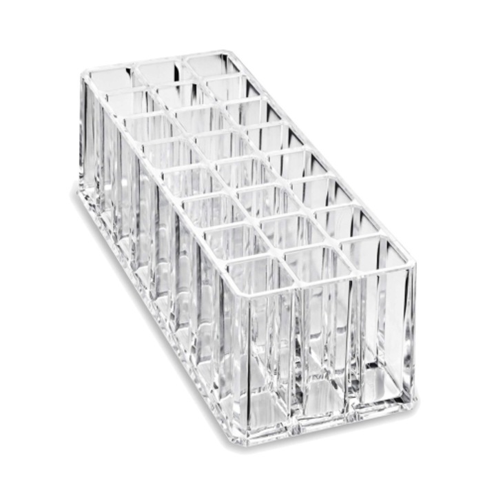 Parfüm rollerball rendszerező, 24 rekeszes, átlátszó akril, 30x15x20cm